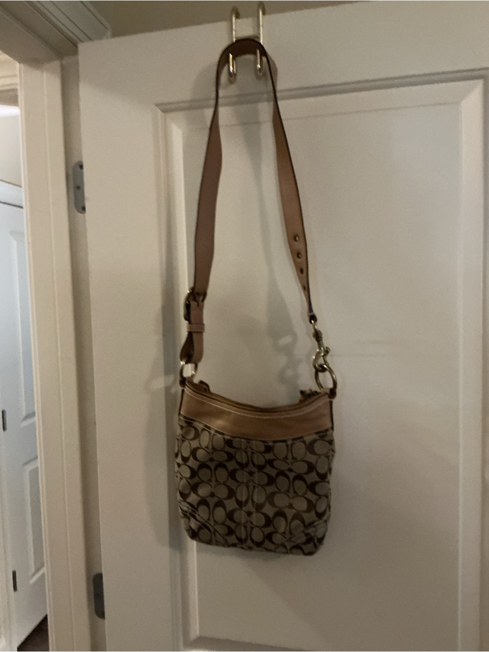 Coach Tan Signature Canvas Shoulder Bag with Leather Trim